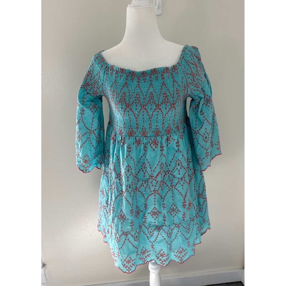 Modaposa Turquoise Blue Coral Embroidered Smocked Cotton Mini Dress Large